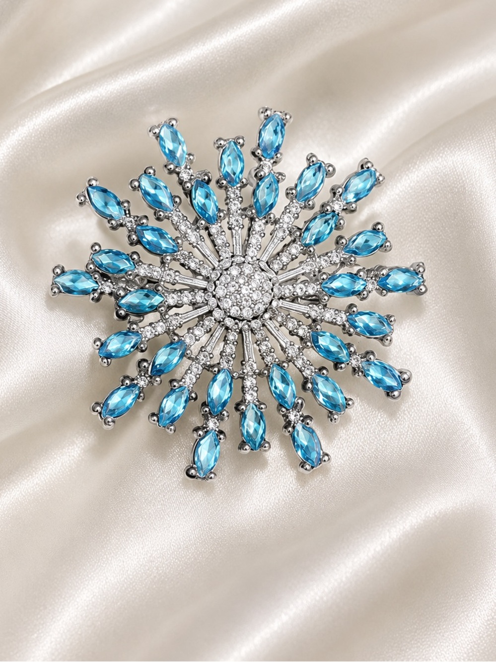 Silver Blue Crystal Starburst Brooch